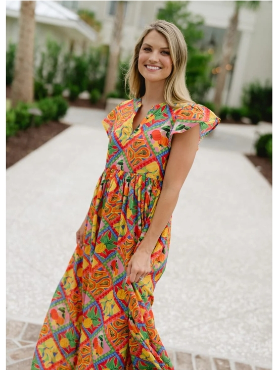 Briton Court Dresses & Skirts - Briton Court Vibrant Yellow Tropical-Print Maxi Dress with Flutter Sleeves_Small